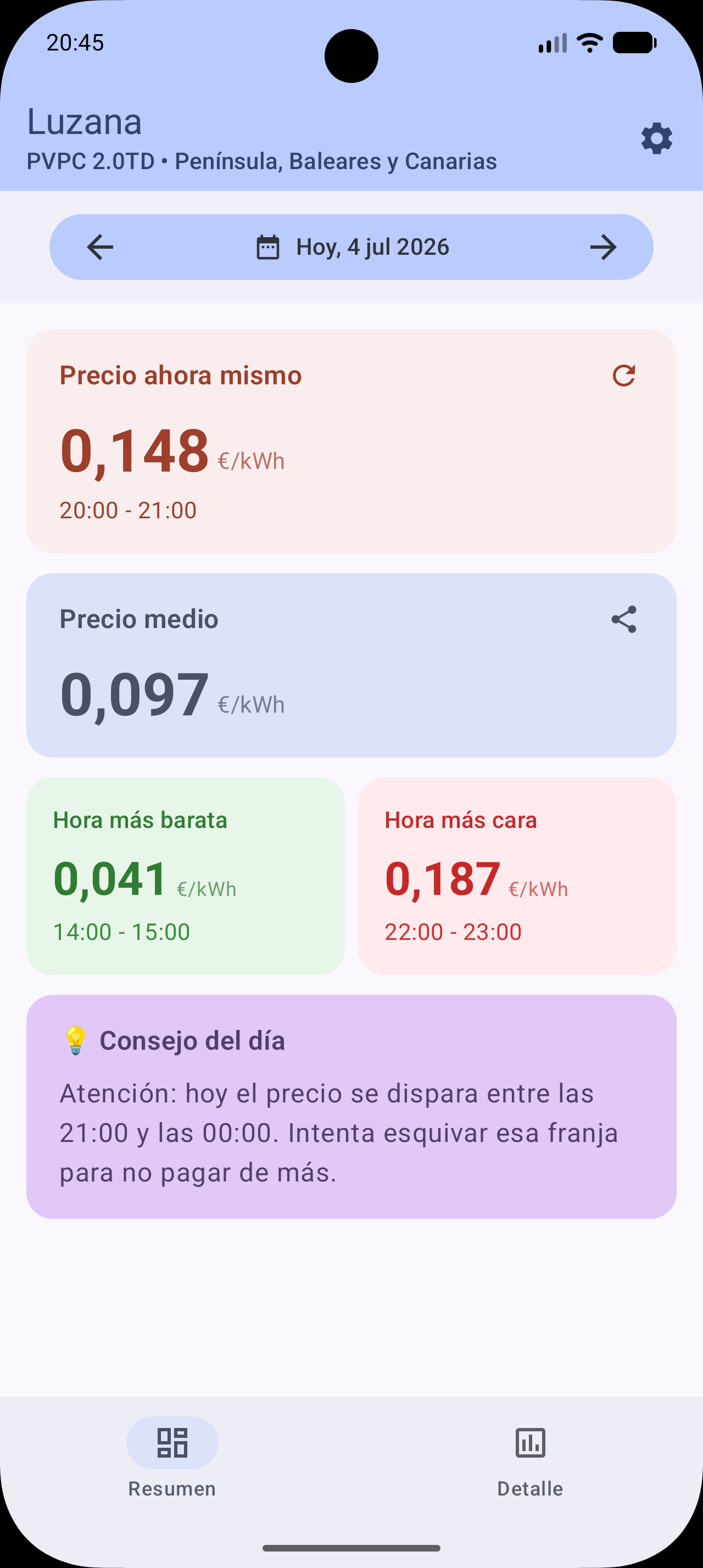 Pantalla principal de Luzana mostrando los precios de la luz por horas