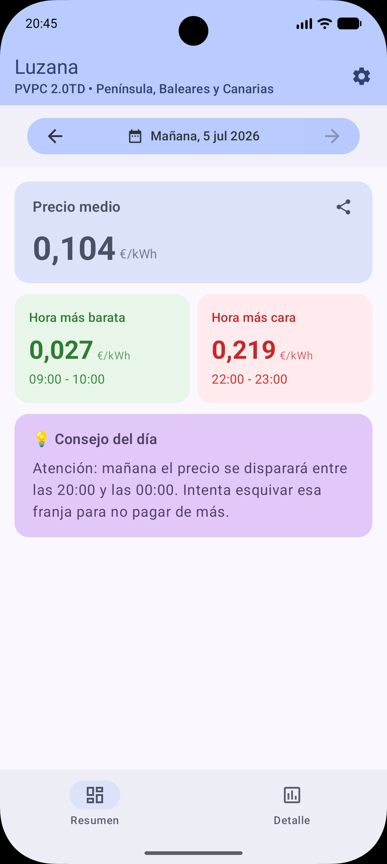Widget de Luzana en pantalla de inicio